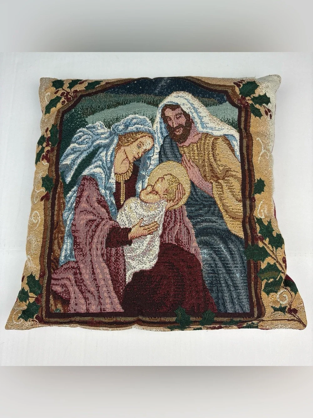 Vintage Tapestry Throw Pillow Christianity Woven Mary Joseph Jesus Nativity